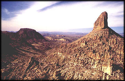 Looking north towards Weaver's Needle, as seen from Fremont Saddle, in the Superstition Mountains, Arizona.