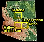Arizona, and the locations of Sedona, Valley of the Sun, and the Superstition Mountains Virtual Tour Maps.