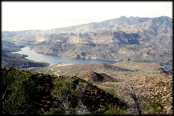 Popular Apache Lake, on the Salt River, in the Superstition Mountains of Arizona, from the Apache Trail.