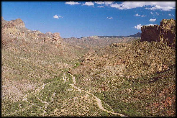 The Apache Trail (SR88) winds its way through the Fish Creek valley, in the Superstition Wilderness of Arizona.