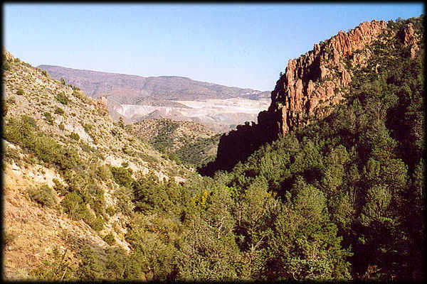 Dumps from copper mines are visible here above Pinto Creek, in the eastern Superstition Mountains of Arizona.