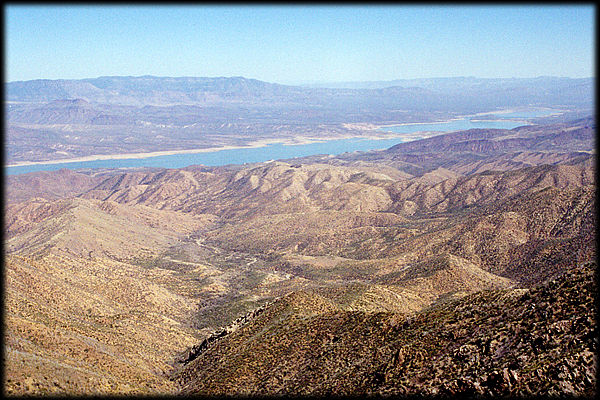 A view of Roosevelt Lake, looking east from Four Peaks, in the Mazatzal Mountains, near Phoenix, Arizona.