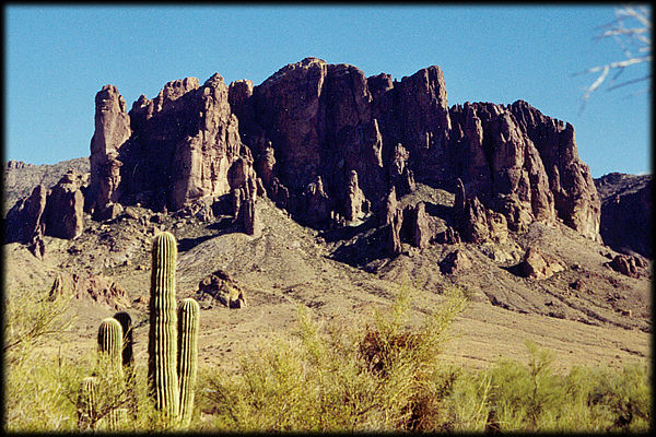 Superstition Mountain, near Apache Junction, Arizona, as seen from the Apache Trail (SR88).