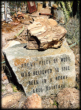 Petrified wood on a pedestal at the Somewhere Over the Rainbow Museum and Rock Garden, in Phoenix, Arizona.