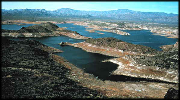 Lake Pleasant, looking northwest towards the Hieroglyphic Mountains and Bradshaw Mountains.