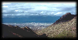 Downtown Phoenix, Arizona from near the top of the South Mountain "metamorphic core complex". This geologic structure is just one of the many fascinating rock formations in the Valley of the Sun.