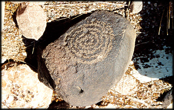 This spiral petroglyph is one of the pieces of prehistoric art on display at the Somewhere Over the Rainbow Museum and Rock Garden near Lookout Mountain, in Phoenix, Arizona.